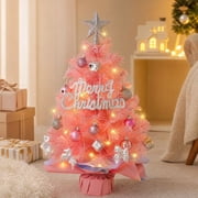 Small Pink Christmas Tree with Lights Tiny Mini Christmas Tree Artificial Tabletop Xmas Decor Little Holiday Decoration for Home,Office,Wedding,Shower Party
