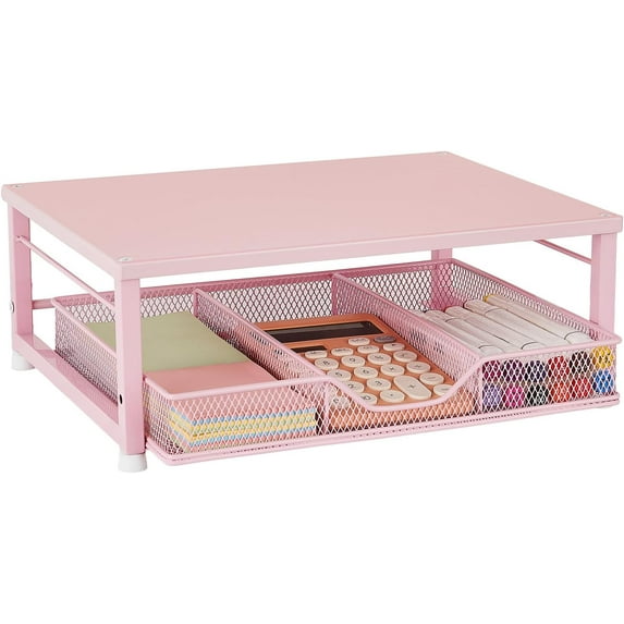 Small Pink Laptop Stand for Desk, Monitor Stand, Office Desk Accessories, Computer Desktop Stand with Drawer for Home, Office, School (Pink)