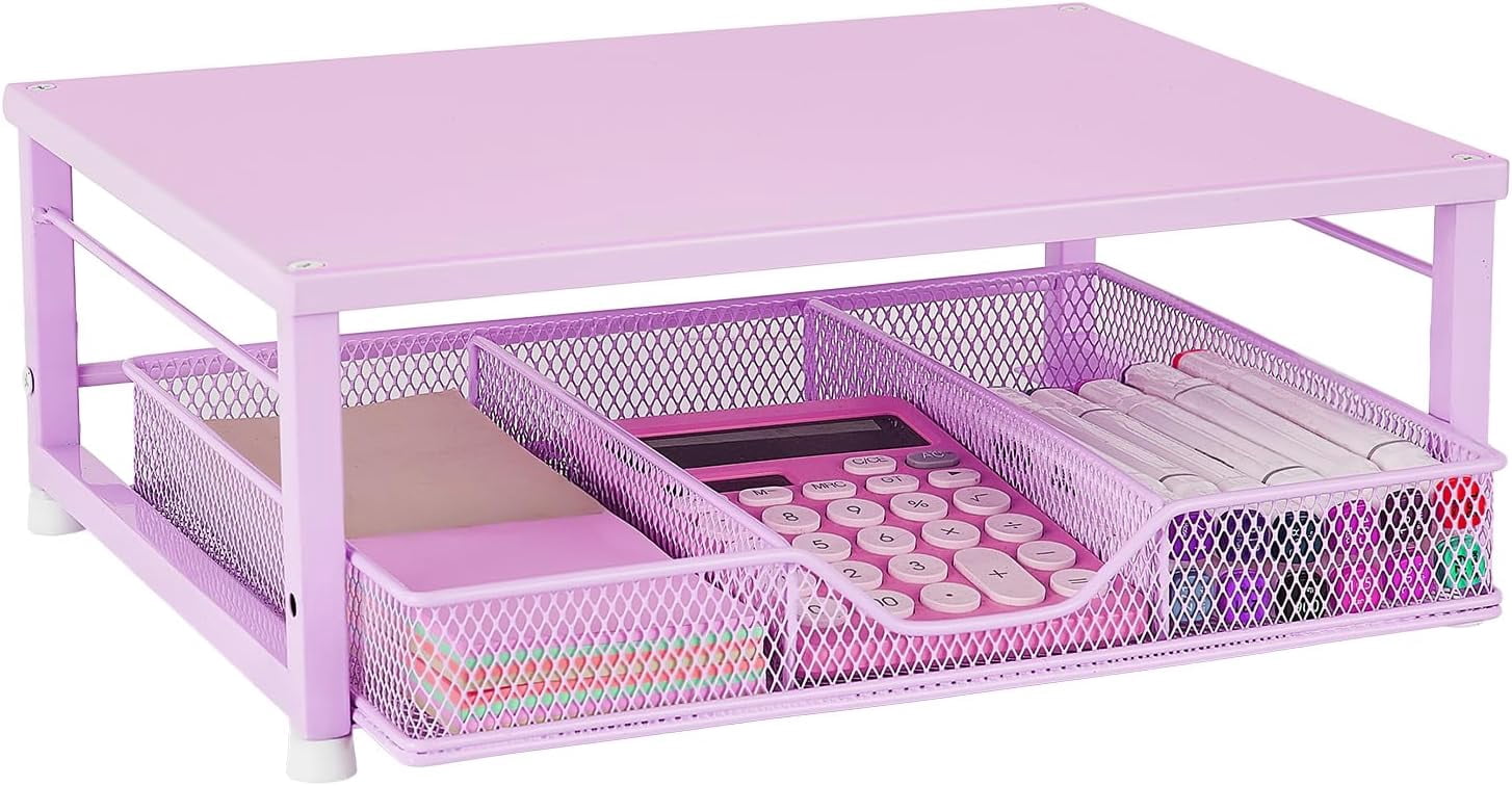 Small Pink Laptop Stand for Desk, Monitor Stand, Office Desk Accessories, Computer Desktop Stand with Drawer for Home, Office, School (Purple)
