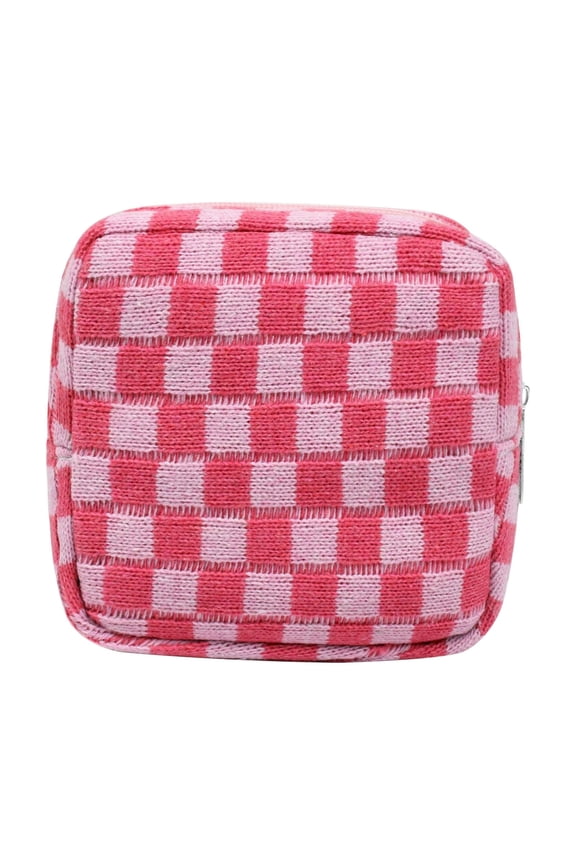 Small Pink Makeup Bag for Purse, Mini Checkered Cosmetic Bag Zipper Cute Make Up Pouch Travel Toiletry Bag Quilted Aesthetic Accessories Makeup Storage Bag Organizer for Women Girls
