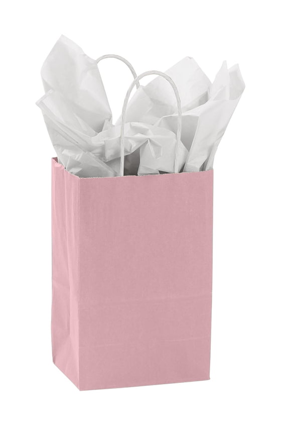 Small Pink Paper Shopping Bags - 5 ¼”L x 3 ½”D x 8 ½”H - Case of 100