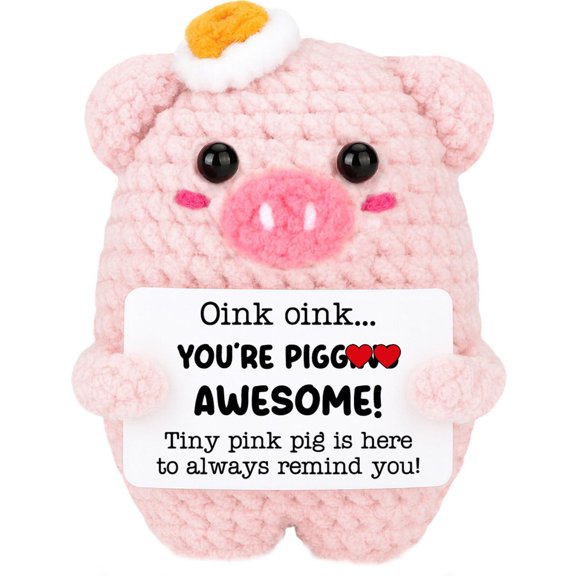 Small Pink Pig Figurine Plush, Emotional Support Crochet, Pig Stuffed Animal, Cute Desk Decor, 3X2X2 Inch Handmade Knitted Yarn Toys with Encouragement Card, Perfect for Daily