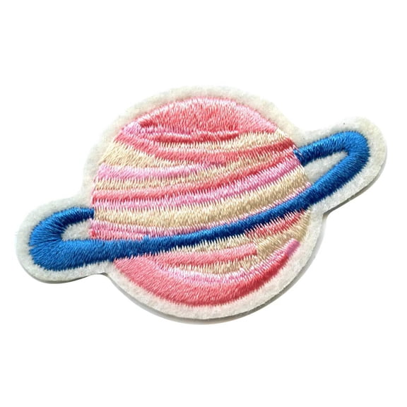 Small Pink Planet With Blue Ring Embroidered Iron On Patch