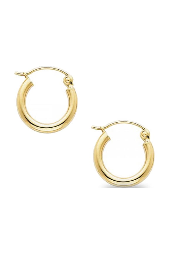 Small Plain Round Hoop Earrings Solid 14k Yellow Gold Tiny Classic Design Polished Finish 13 x 2 mm