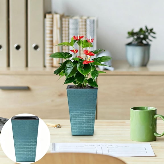 Small Plant Pot, Flower Planter, Self Watering Lazy Planter, Brick Pattern Imitation Metal Plastic Water Storage Flower Pot 3.3" x 2.7" x 6.7", Indoor Outdoor for Home Office Garden Houseplants