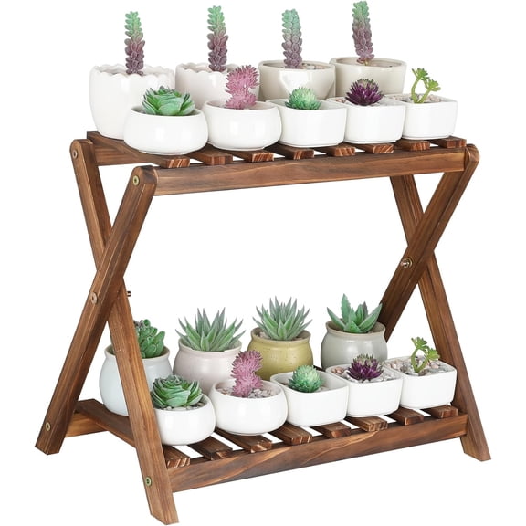 Small Plant Stand Indoor 2 Tier Table Top Flower Succulent Desk Wood Plants Shelf Holder Windowsill Mini Cactus Stands Rack (X-2 Design)