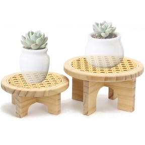 Small Plant Stand Set - 5" & 6" Display Shelf with Rattan Decor, Rustic Wooden Riser for Indoor Plants, Home Office Desk, Window Sill Decor