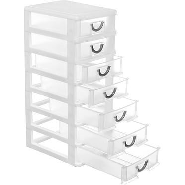 CRUGLA Small Plastic 7 Drawer Desktop Storage System, Organizer Box, Storage Container(5"X7"X13"), White (Mini)