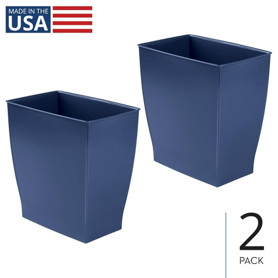 Small Plastic Bathroom Trash Can, Slim Rectangle Garbage Bin for Bedroom, Office, Dorm, 2-Pack, Navy Blue