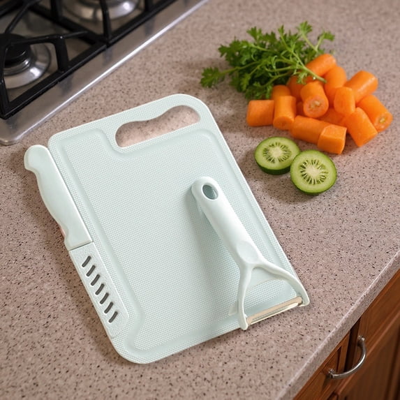 Small Plastic Cutting Board with Knife,2-in-1 Plastic Chopping Board with Built-in Knife & Strainer Holes,Mini Cutting Boards for Kitchen,Multifunctional Portable Fruit Chopping Board