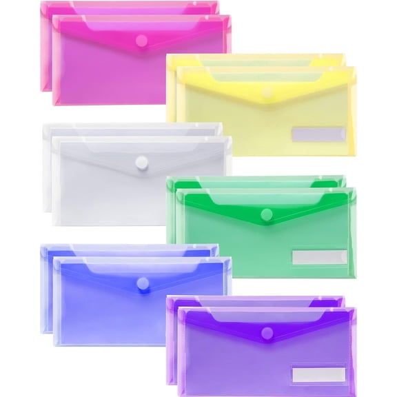Small Plastic Envelopes, 12 Pack Plastic Pouch with Label Pocket, Filing Envelopes Pouch, Money Envelopes for Cash, Reusable Envelopes, Filing Envelopes Bulk, Money Envelopes, 9.4 x 4.7 Inches
