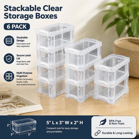 Small Plastic Stackable Storage Box with Lid, 5" x 2.8" x 2" Clear Organizer Container, Mini Jewelry Beads and Craft Supplies Storage, 12 Pack