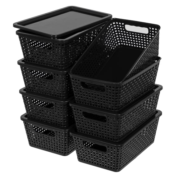 Small Plastic Storage Basket with Lid Handle 7x10.9x4 in Black 8 Pack
