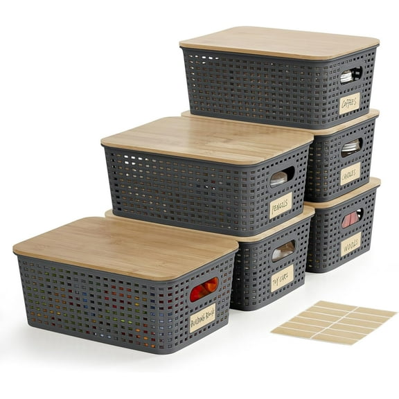 Small Plastic Storage Bins with Bamboo Lids 5.2qt Stackable Box Basket Pantry Decorative Containers Cute with Lable for Organizing Desktop Closet Office Gray of 6 packs 10 * 7.2 * 4.1'’