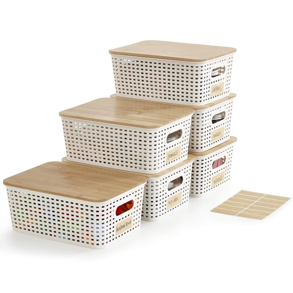 Small Plastic Storage Bins with Bamboo Lids 5.2qt Stackable Box Basket Pantry Decorative Containers Cute with Labels for Organizing Desktop Closet Office Cream White of 6 packs 10*7.2*4.1"