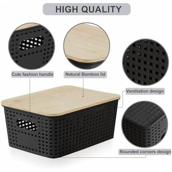 Small Plastic Storage Bins with Bamboo Lids 5.2qt Stackable Box Basket Pantry Decorative Containers Cute with Lable for Organizing Desktop Closet Office Black of 6 packs 10 * 7.2 * 4.1'’