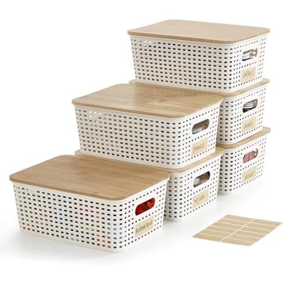 Small Plastic Storage Bins with Bamboo Lids 5.2qt Stackable Box Basket Pantry Decorative Containers Cute with Lable for Organizing Desktop Closet Office Cream White of 6 packs 10*7.2*4.1'’
