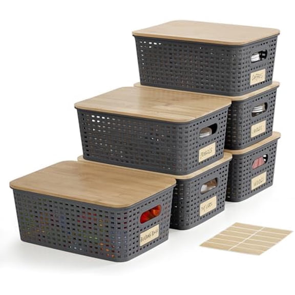 Small Plastic Storage Bins with Bamboo Lids 5.2qt Stackable Box Basket Pantry Decorative Containers Cute with Lable for Organizing Desktop Closet Office Gray of 6 packs 10 * 7.2 * 4.1'’