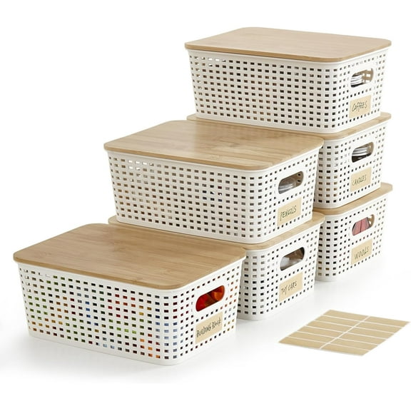 Small Plastic Storage Bins with Bamboo Lids 5.2qt Stackable Box Basket Pantry Decorative Containers Cute with Lable for Organizing Desktop Closet Office Cream White of 6 packs 10*7.2*4.1'