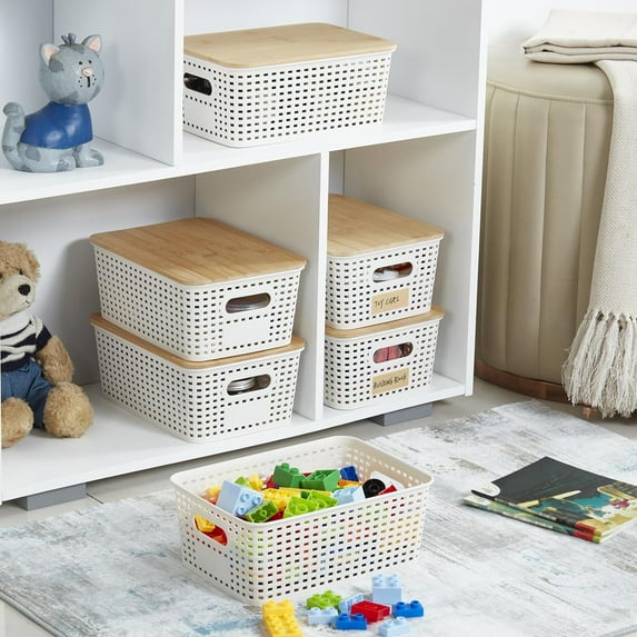 Small Plastic Storage Bins with Lids 5.2qt Stackable Box Basket Pantry Decorative Containers Cute with Label for Organizing Desktop Closet Office White of 6 packs