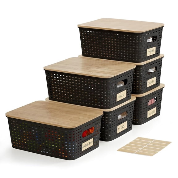 Small Plastic Storbwith Lids 5.2qt Stackable Box Basket Pantry Decorative Containers Cute Lable For Organizing Desktop Closet Office Black Of 6 Packs 10 * 7.2 4.1"