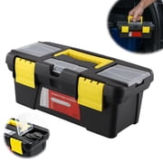 Small Plastic Tool Storage Box with Organizer Tray, Portable Hardware Case with 3 Clear-Lid Compartments, Folding Handle & Double Latches for Home Repair and Car Emergency Kit