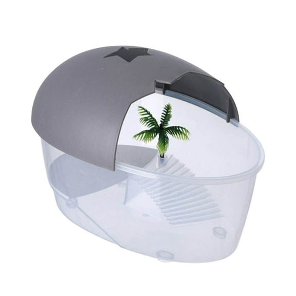 Small Plastic Turtle Tank Reptile Terrarium, Basking Island with Ramp, Semi-Closed Transparent Cover, 25x17x15.5cm Size