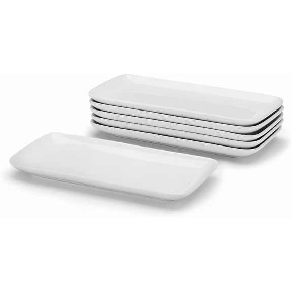 Small Platters Set of 6, Ceramic Rectangle Plates 9 Inch, Modern Sushi Plate Set, White Serving Dishes for Serving , Appetizer, Dessert, Dinner, Party