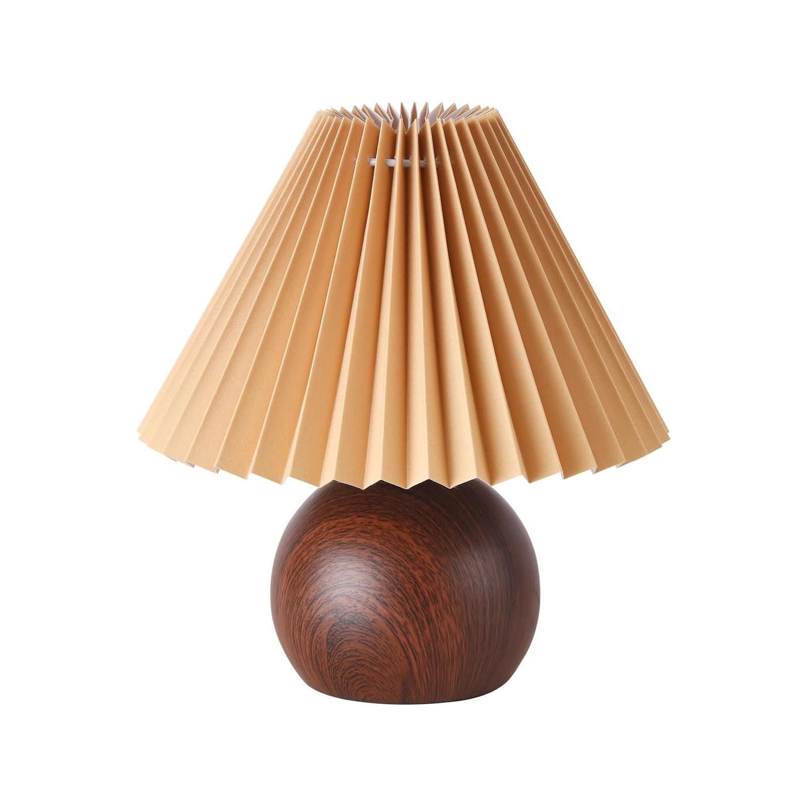 Small Brown Wood Table Lamp with Pleated Beige Shade