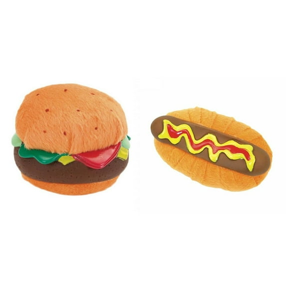Small Plush Dog Puppy Squeaker Toys Picnic Food BBQ Choose Hamburger or Hot Dog (Both Toys)