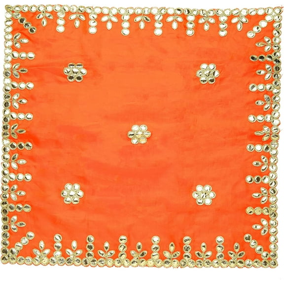 Small Pooja Mat Aasan Orange Silk Aasan Decorative Cloth with Sequence Work (Size:-18 Inches X 18 Inches,) for Multipurpose Pooja Decorations Item & Article