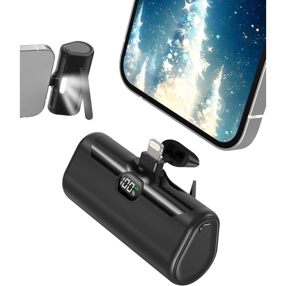 Small Portable Charger for iPhone, 5000mAh Mini Battery Pack with Builtin Metal Stand, MFi Certified Compact Power Bank LCD Display & LED Light iPhone 14/13/12/11/XR/X/SE/8/7/6Pro Max-Black