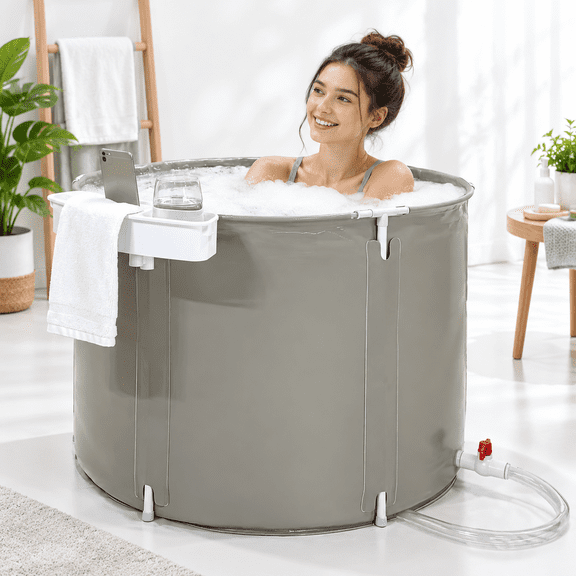Small Portable Collapsible Bathtub with Tray for Adults, Flexible Plastic Soaking Tub for Shower Stall