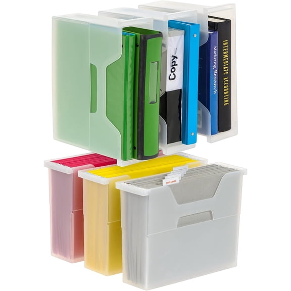 Small Portable Desktop File Box with Open Lid, 6 Pack, Side Handles, Hanging File Folders, Tabs & Inserts, Letter Size, Magazines, Newspapers, Mail, Books, Notebooks, Clear