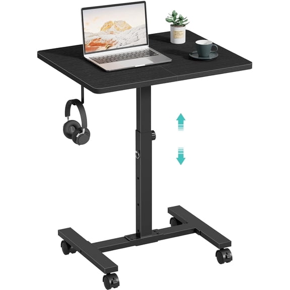 Small Portable Laptop Rolling Desk - 24 Inch Mobile Computer Desk Adjustable Height with Wheels for Small Spaces Home Office, Kids Couch Desks Side End Table, Black