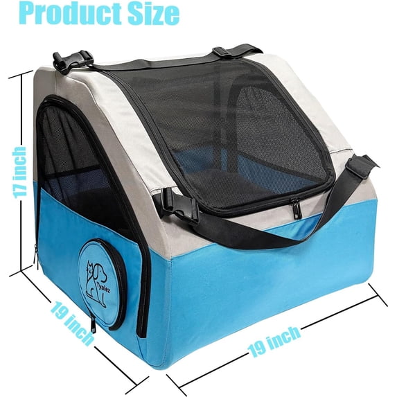Small Portable Pet Crate for Car Travel, 19"x19"x17" Foldable Dog & Cat Carrier with Secures Seatbelt & Headrest Strap, Oxford Soft-Sided Pet Kennel with Removable Bed for Small Pets