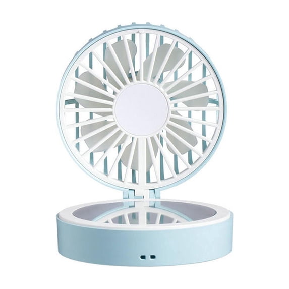 Small Portable Rechargeable Fan with Makeup Mirror 3X3X1.5 in Blue Handheld Fan for Travel and Desk Use
