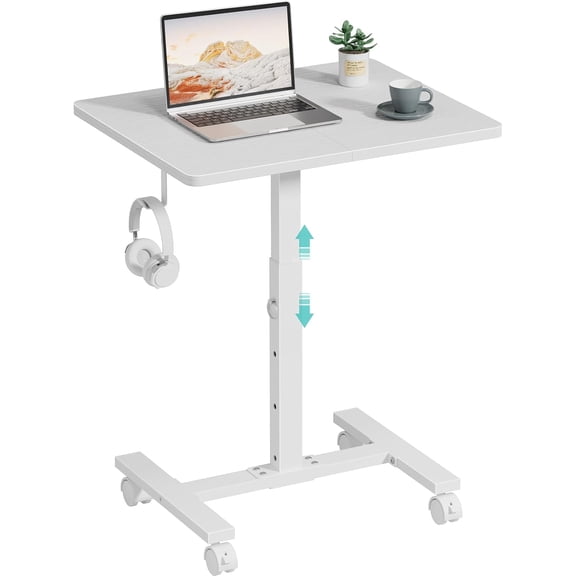 Small Portable Rolling Desk Adjustable Height, 24 Inch Mobile Laptop Desk with Wheels for Dorm Room, C-Shaped Table for Sofa and Bed Side, Study Table for Students, White