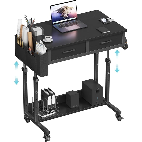 Small Portable Rolling Standing Desk - 32 Inch Adjustable Mobile Stand Up Gaming Desks with 2 Fabric Drawers on Wheels, Couch Sofa Side Laptop Table with Storage for Home Office, Black