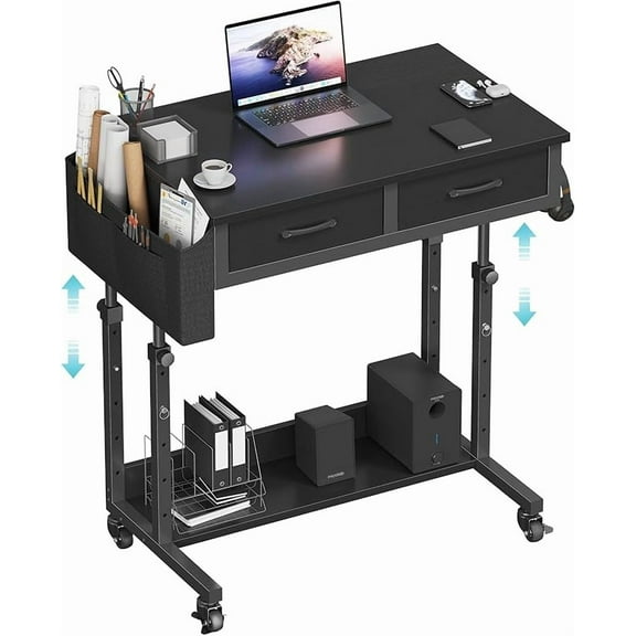 Small Portable Rolling Standing Desk - 32 Inch Adjustable Mobile Stand Up Teacher Desks with 2 Fabric Drawers on Wheels for Classroom, Couch Sofa Side Laptop Table with Storage for Home Office, Black