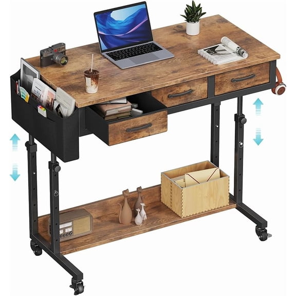 Small Portable Rolling Standing Desk - 32 Inch Adjustable Mobile Stand Up Teacher Desks with 2 Fabric Drawers on Wheels for Classroom, Couch Sofa Side Laptop Table with Storage for Home Office, Black