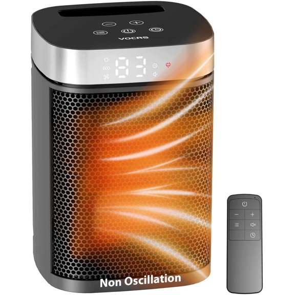 Small Portable Space Heater for Indoor Use - 1500W PTC Electric with Thermostat, Remote Control, 12H Timer, Eco and Fan Mode, Rapid Safe Heating Bedroom, Office