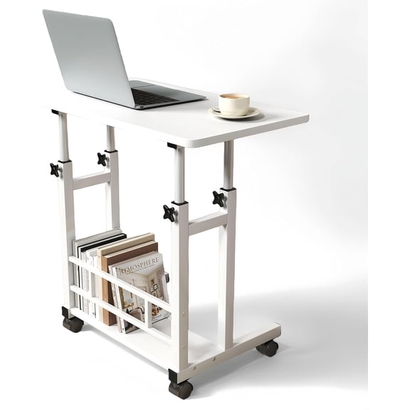 Small Portable Standing Desk Adjustable Height, 31.5 x 15.75 Mobile Stand Laptop Computer Workstation with Lockable Wheels and Storage Basket for Home Office Work & Walking Pad Treadmill (White)