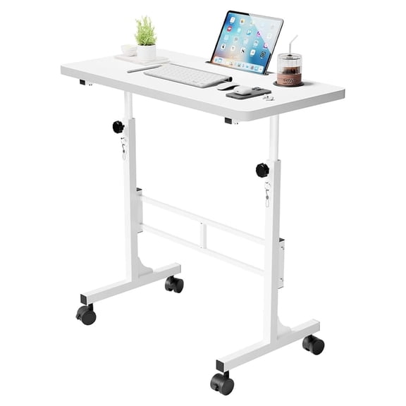 Small Portable Standing Desk Adjustable Height, Mobile Stand Laptop Computer Workstation with Lockable Wheels for Walking Pad Treadmill (White)