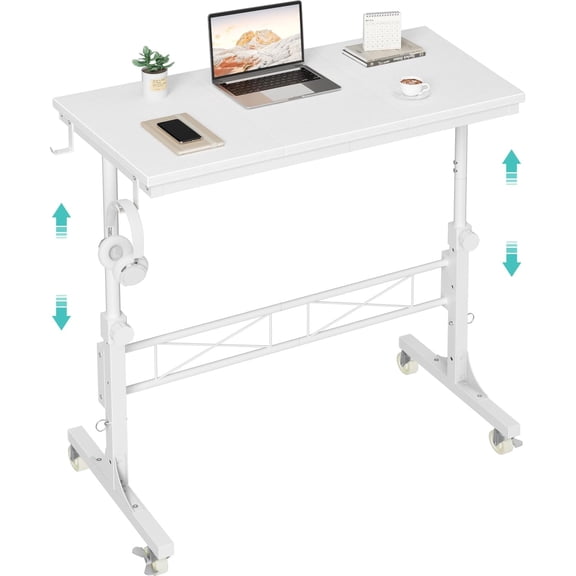 Small Portable Treadmill Walking Pad Desk Wheels, 32 Inch White Adjustable Height Mobile Rolling Standing Teacher Desks, Couch Sofa Side Laptop Stand Up Table for Bedroom, White
