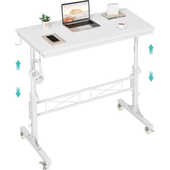 Small Portable Treadmill Walking Pad Desk Wheels, 32 Inch White Adjustable Height Mobile Rolling Standing Teacher Desks, Couch Sofa Side Laptop Stand Up Table for Bedroom, White