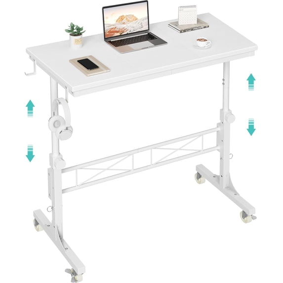 Small Portable Treadmill Walking Pad Desk on Wheels, 32 Inch White Adjustable Height Mobile Rolling Standing Teacher Desks, Couch Sofa Side Laptop Stand Up Table for Bedroom, White