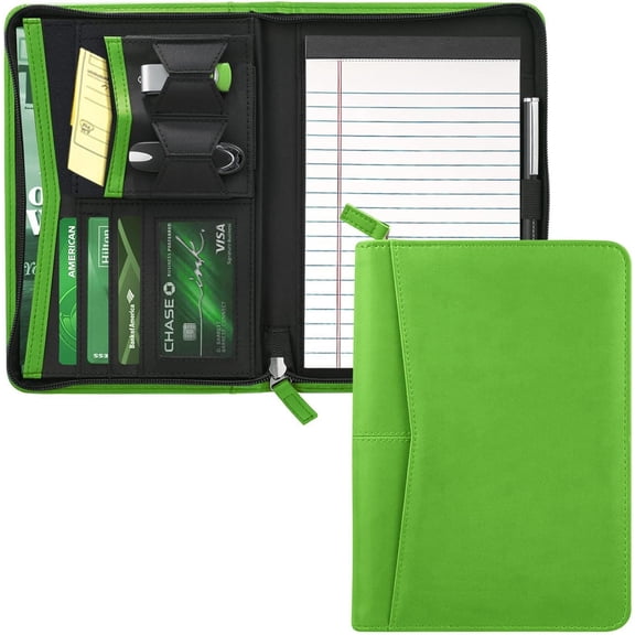 Small Portfolio Organizer, A5 Zippered Business Portfolio, Junior Padfolio Folder Binder for Women & Men, 5 x 8 Writing Pad Included,Green