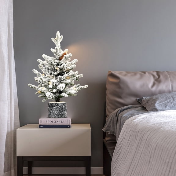 Small Prelit Flocked Christmas Tree with Pot Base, 2FT Tabletop Tree with 30 Warm White LED Lights, 189 PE+PVC Tips and 3 Pine Cones for Entryway or Home Decor