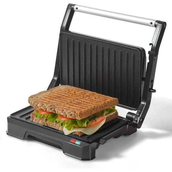 Small Press Grill Sandwich Maker, Electric 3 in 1 Sandwich Maker Grill, Open 180 Degrees for grill indoor, for Grilling Steaks, Burger, Sandwich, Non-stick Pan, Black